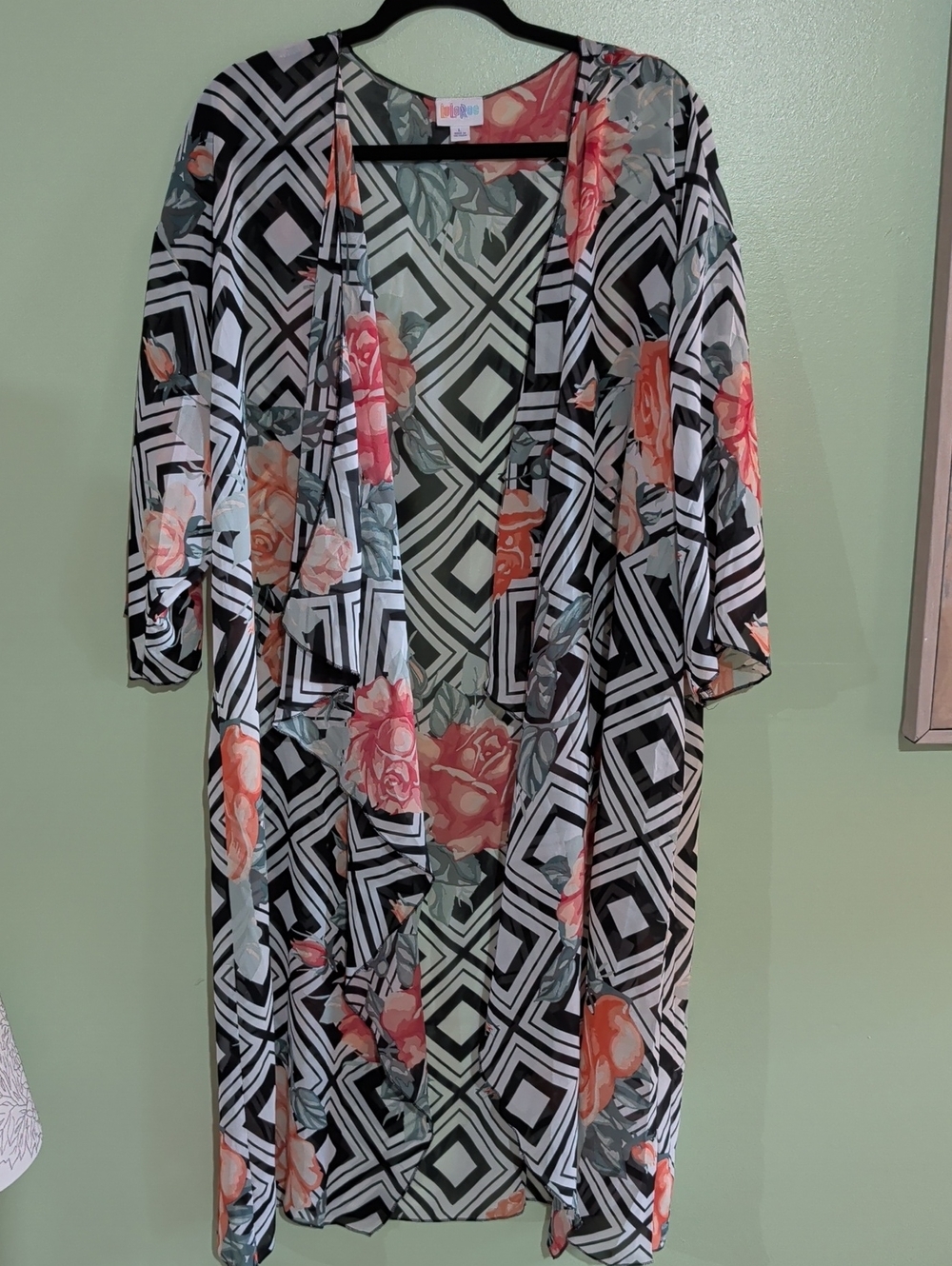 LuLaRoe Shirley Coral, Black & Sage Floral Sheer Kimono